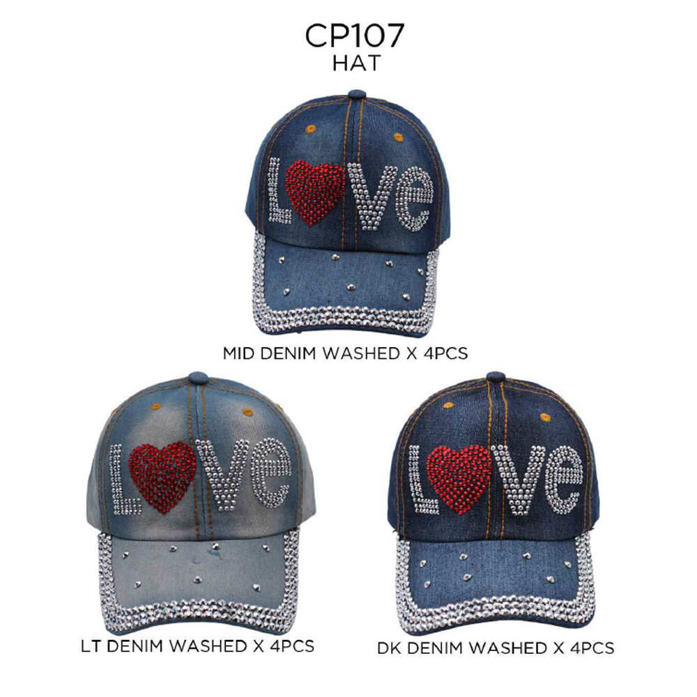 CP107 ASST RED HEART LOVE with Rhinestone Baseball Cap (3PCS)