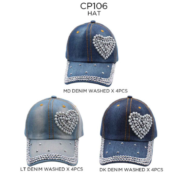 CP106 ASST HEART Pearl with Rhinestone Baseball Cap (3PCS)