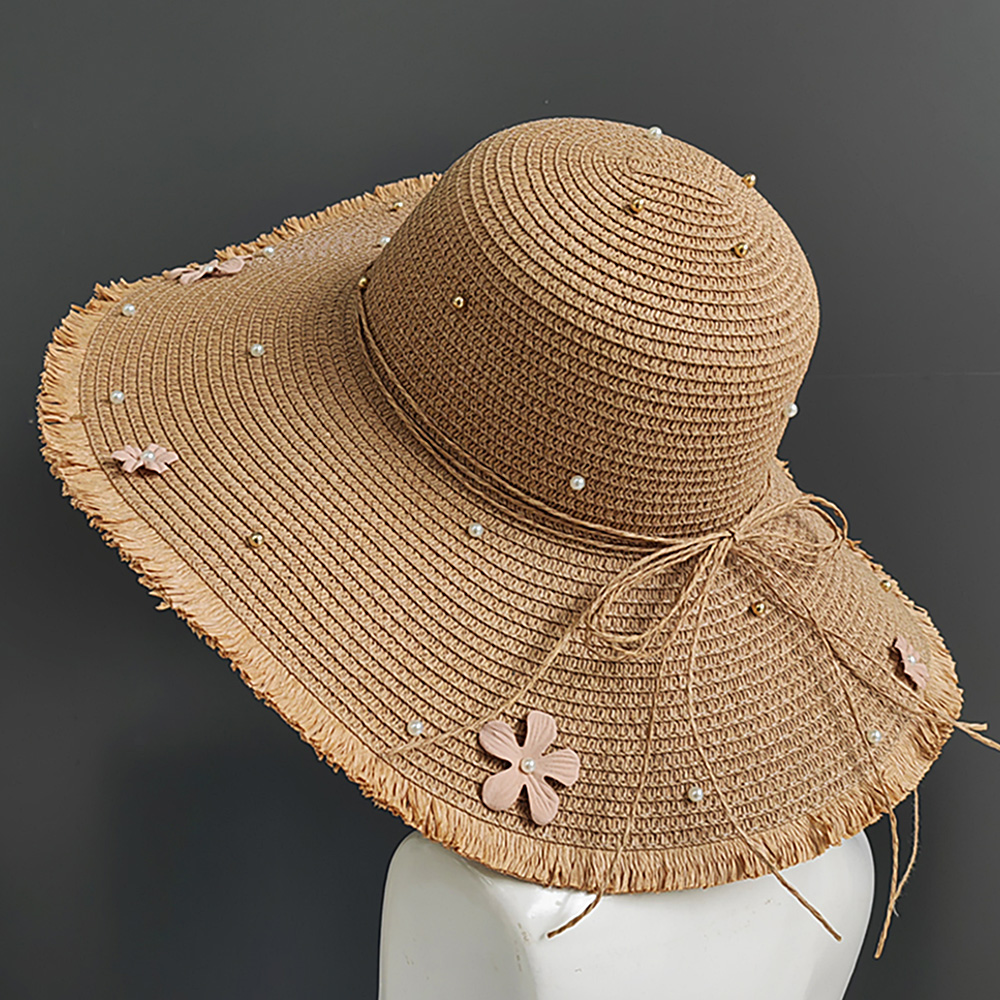 H3499-KHAKI Flower Pearl Applique Embellished Wide Brim Straw Sun Hat