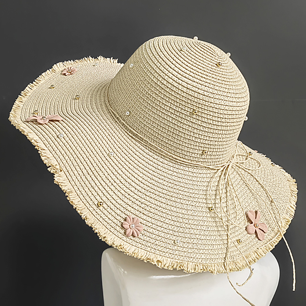 H3499-BEIGE Flower Pearl Applique Embellished Wide Brim Straw Sun Hat