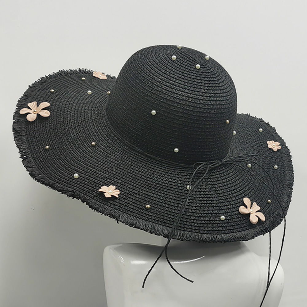 H3499-BLACK Flower Pearl Applique Embellished Wide Brim Straw Sun Hat