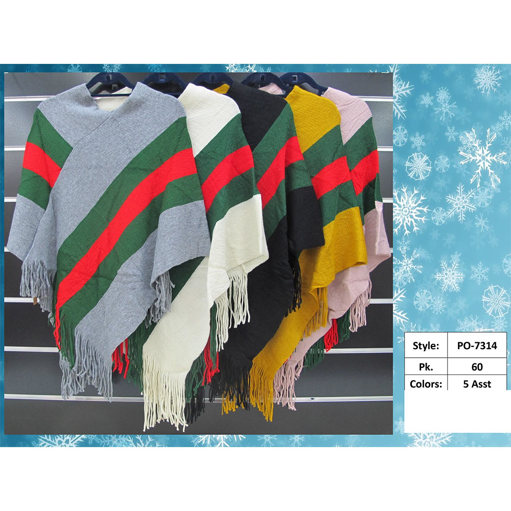 PO-7314 Women's Fashion Stripe Poncho | Elegant V-Neck Knit Wrap