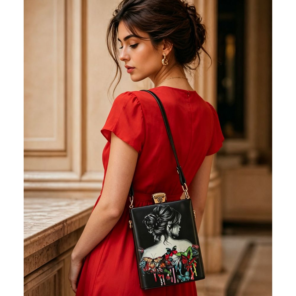 LA0022-10-MULTI Butterfly Printed Top Handle Mini Bag / Crossbody Bag