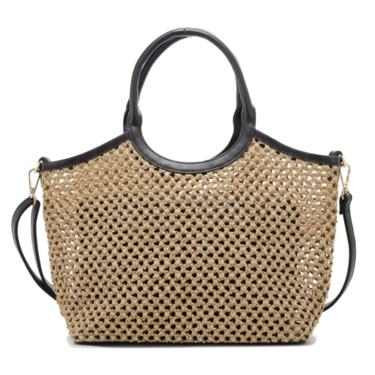 T3837 BK Fashion Straw Tote Bag 2 in 1