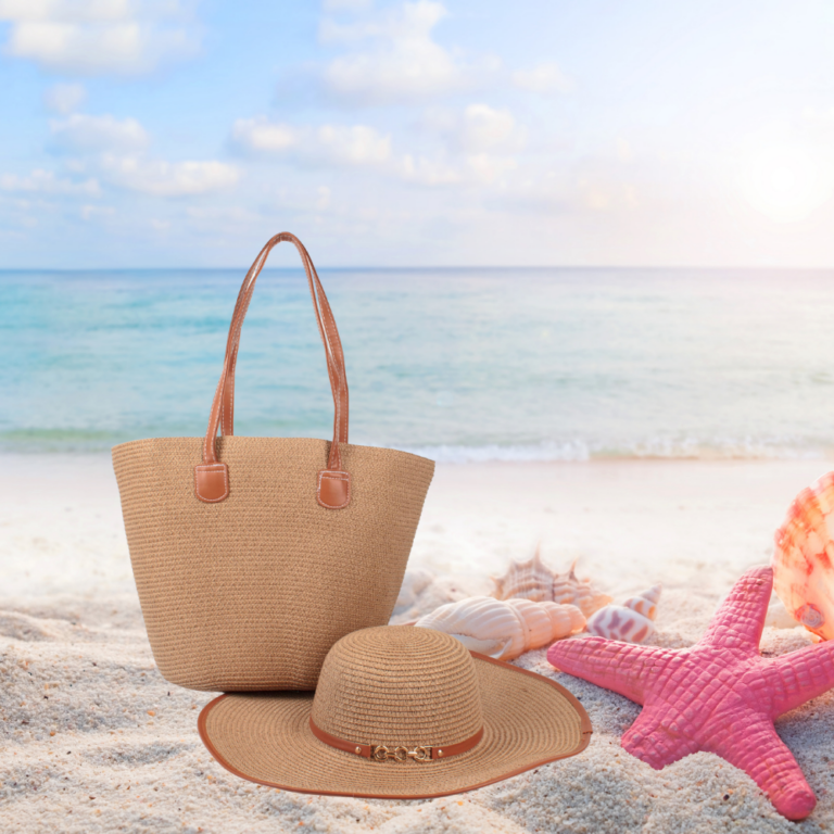 SH8571-5 KH New Single Shoulder Straw Braided Hat and Beach Bag Set