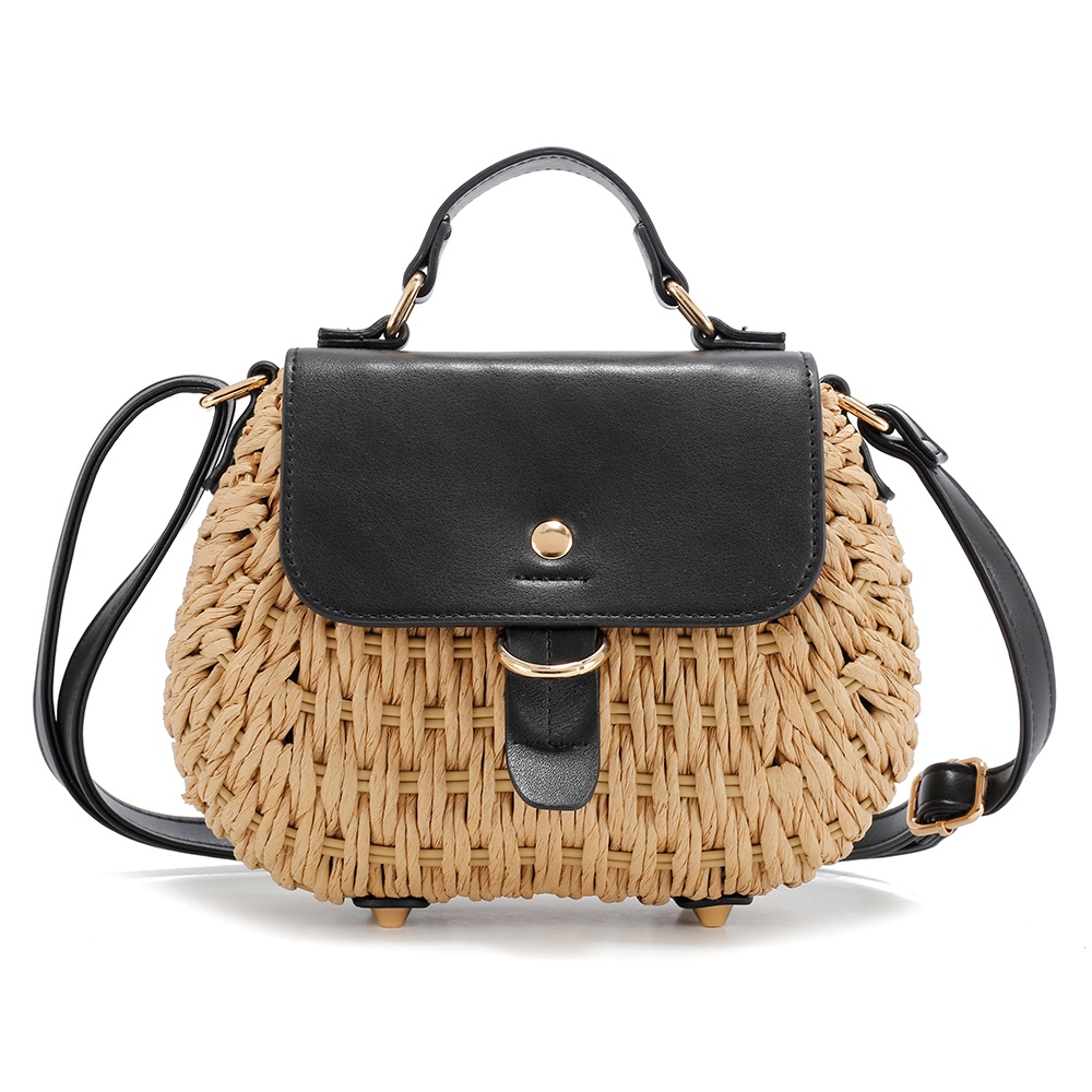 N2151-BK Woven Straw Satchel Bag
