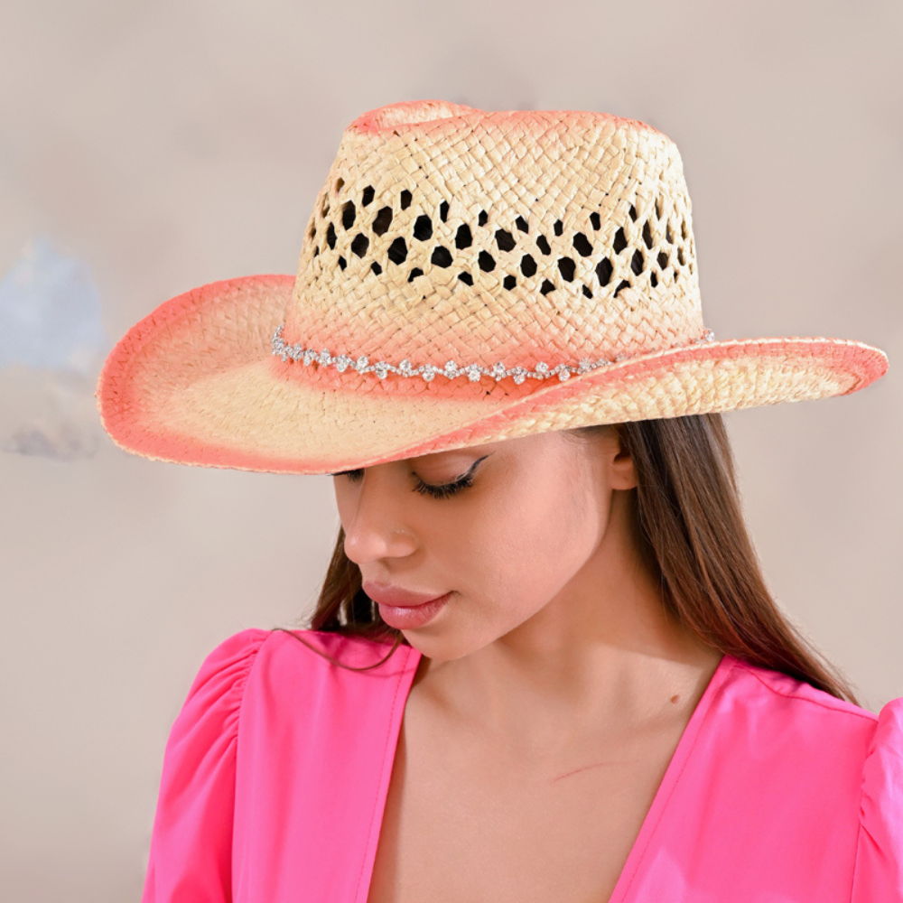 H3485-PK Rhinestones Straw Cowboy Hat