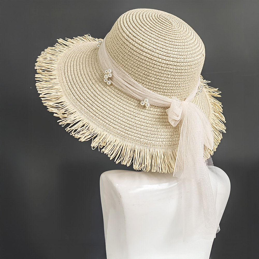 H3498-BEIGE Pearl Embellished Mesh Bow Pointed Wide Brim Straw Sun Hat