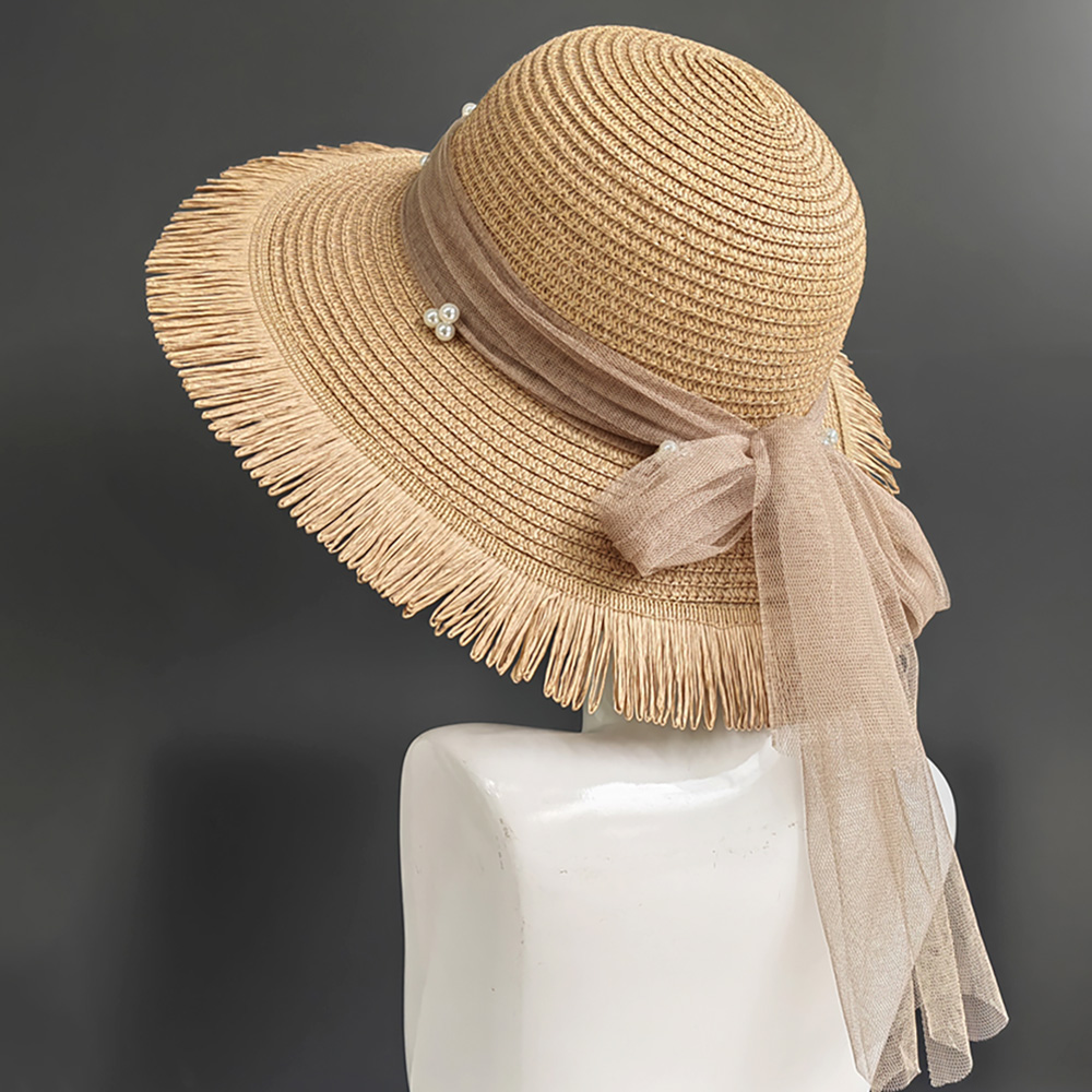 H3498-KHAKI Pearl Embellished Mesh Bow Pointed Wide Brim Straw Sun Hat