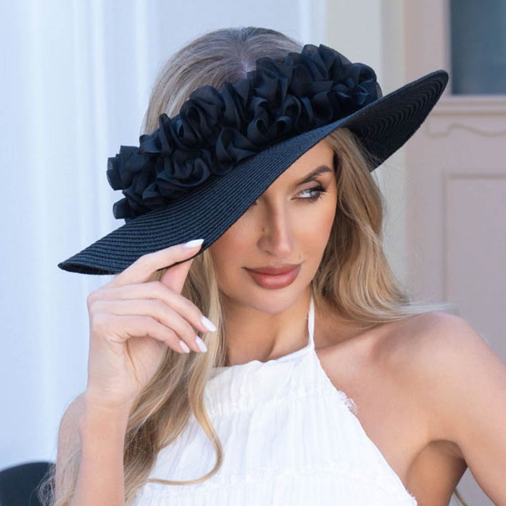 H3526 BK Floral Trim Open Top Wide Brim Straw Sun Hat