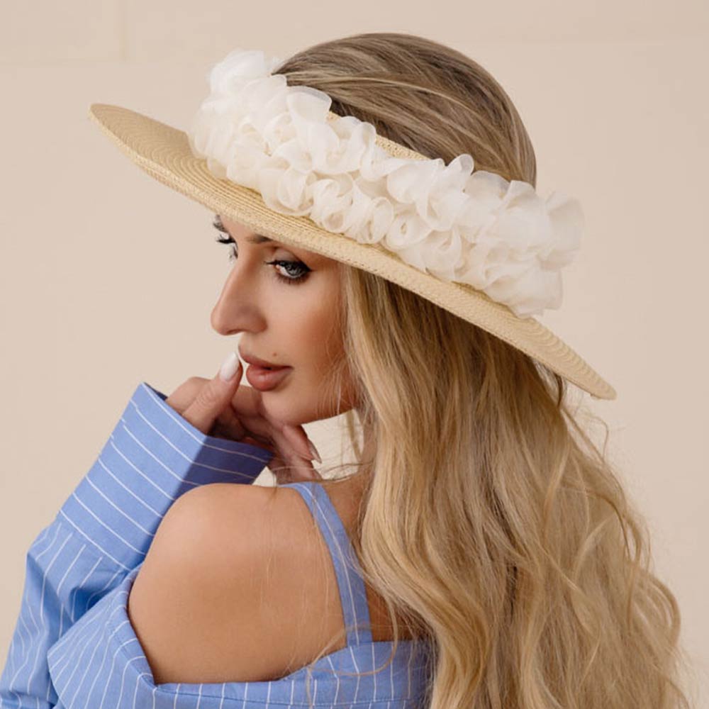 H3526 KH Floral Trim Open Top Wide Brim Straw Sun Hat